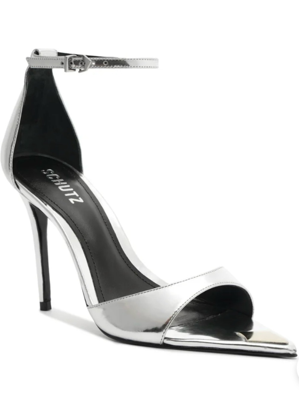 Schutz Pamela Silver Metallic Leather Pointed Toe Stiletto Heels Ankle Strap 7.5